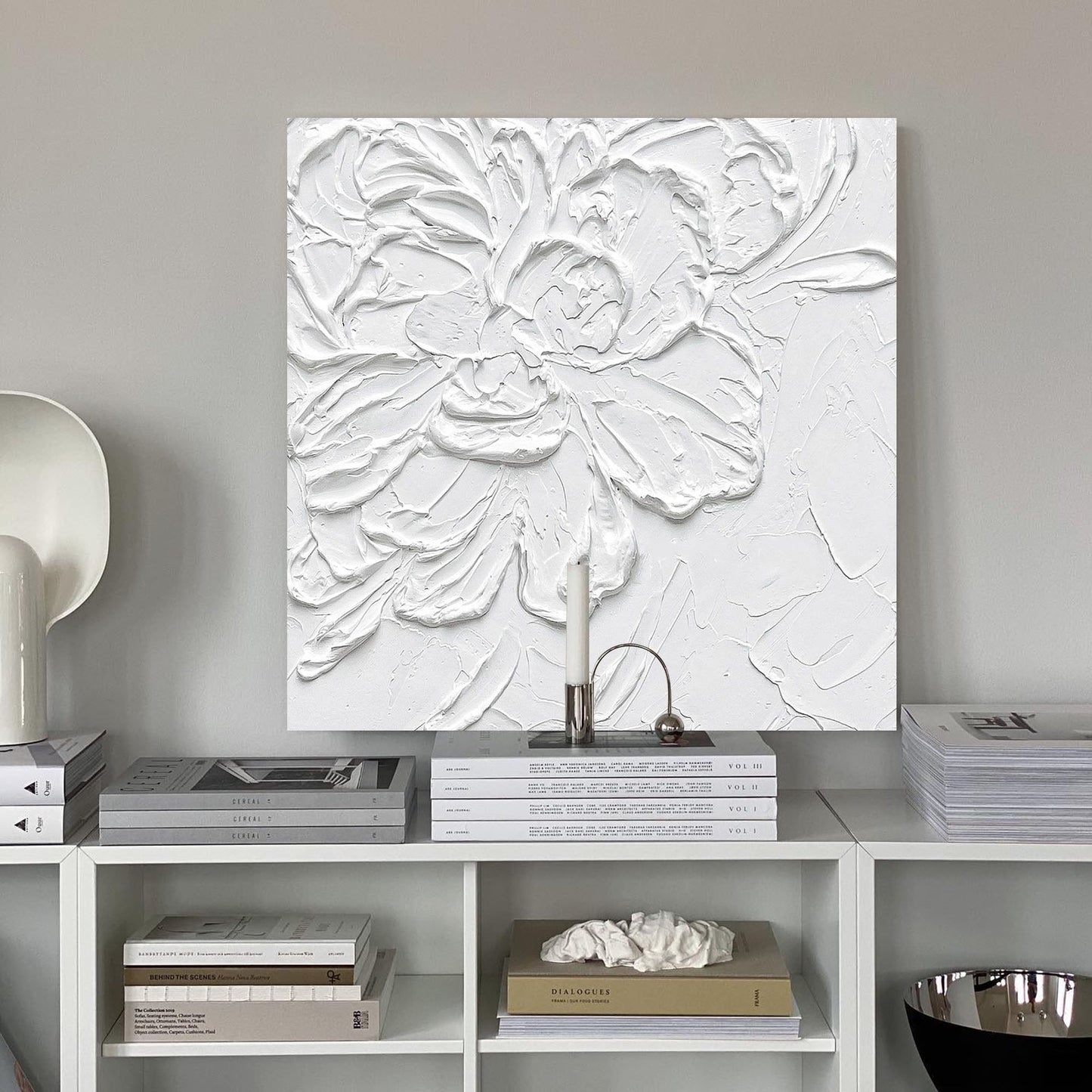 Textured White Floral Oil Painting – Modern Abstract Artwork for Home Decor