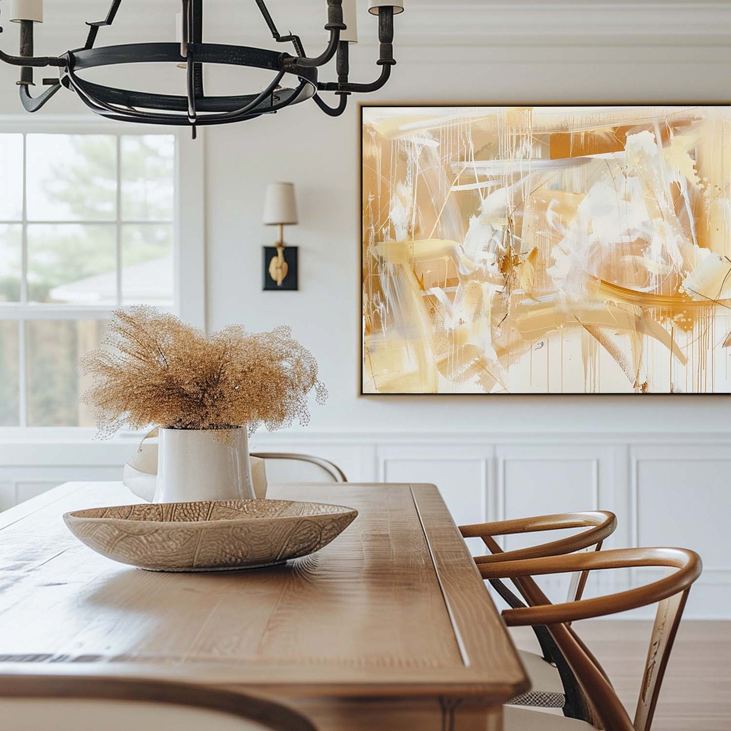 Contemporary Gold and White Abstract Oil Painting for Modern Home Decor