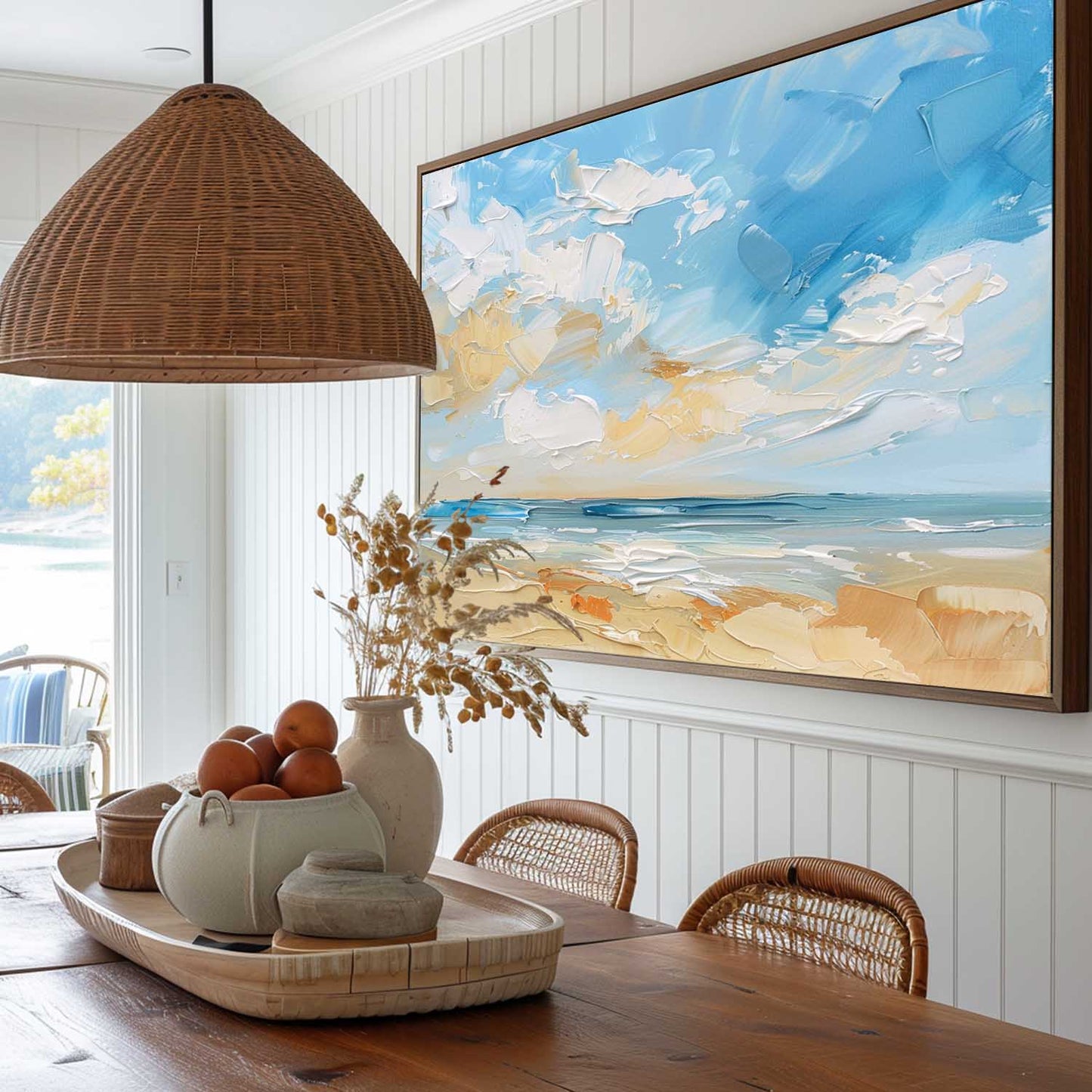 Vibrant Coastal Beach Scene Oil Painting with Lush Skies and Serene Waters