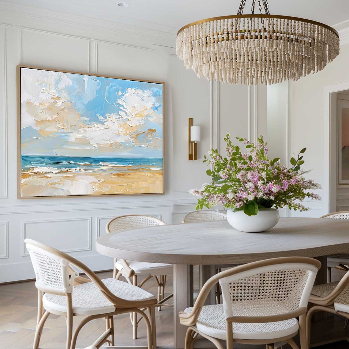Tranquil Beach Painting with Serene Blue Sky and Gentle Waves