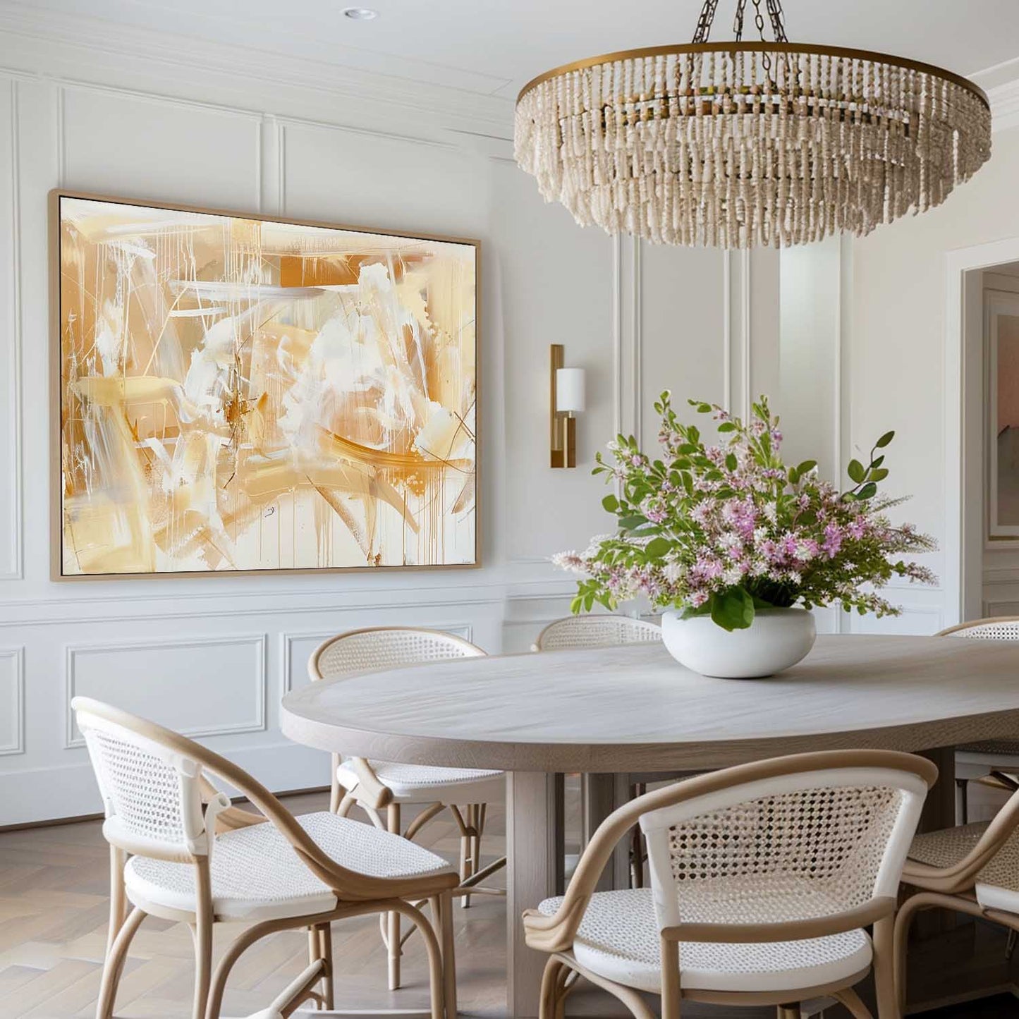 Contemporary Gold and White Abstract Oil Painting for Modern Home Decor