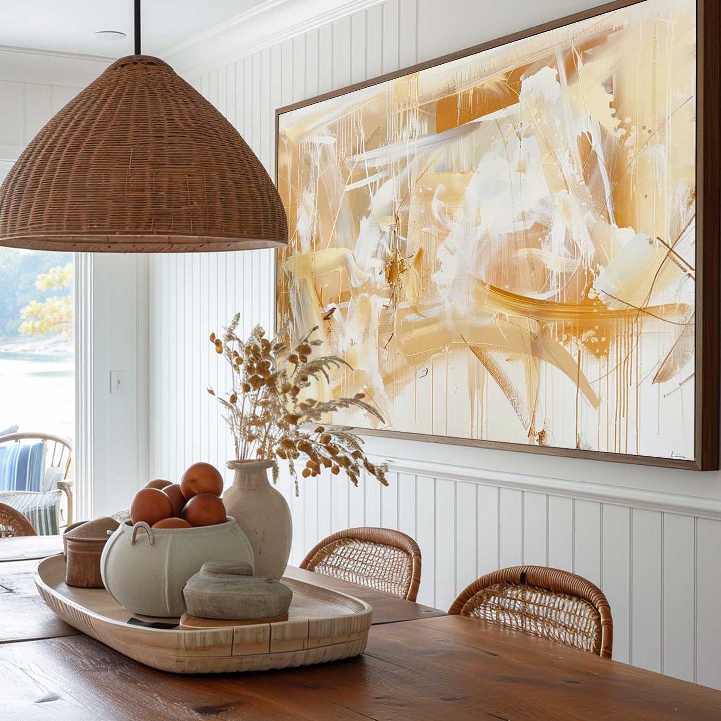 Contemporary Gold and White Abstract Oil Painting for Modern Home Decor