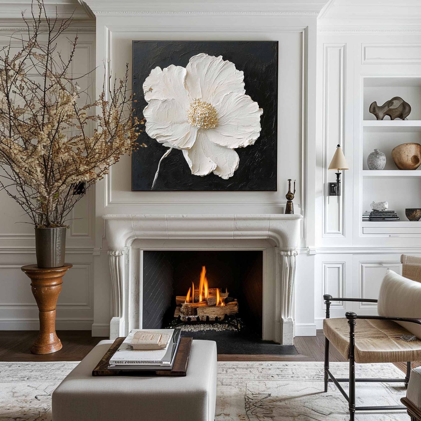 Elegant White Flower Abstract Oil Painting on Black Canvas for Modern Decor