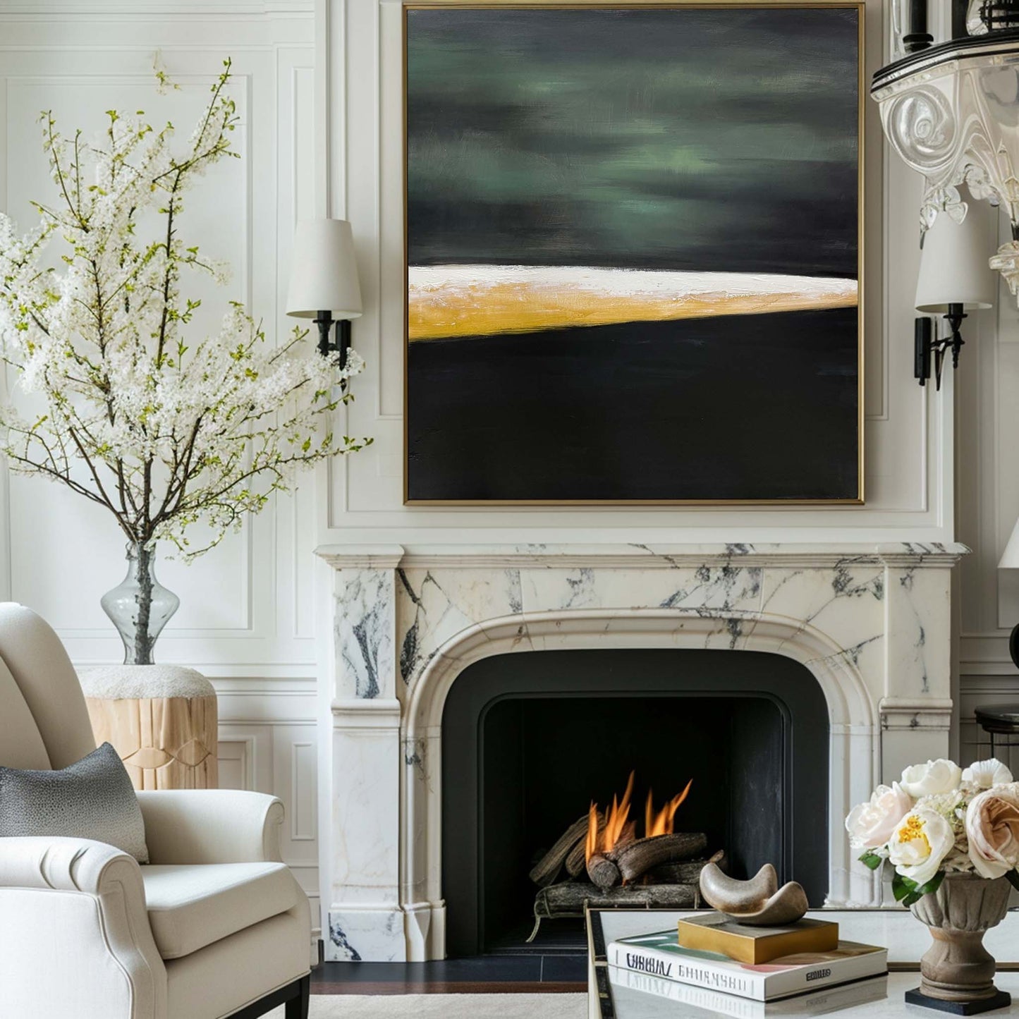 Contemporary Abstract Oil Painting with Green, Black, and Gold Tones for Modern Decor