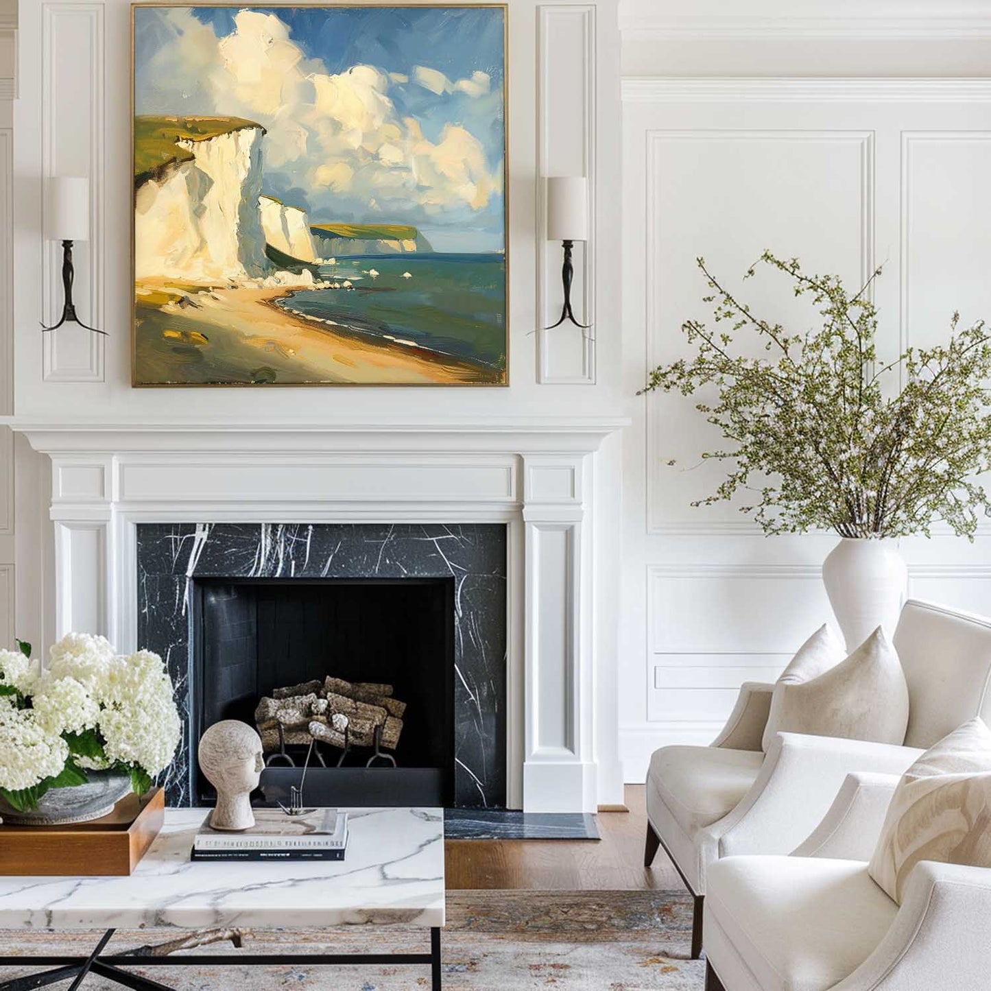 Coastal Serenity: Vibrant Oil Painting of Cliffs and Ocean Waves