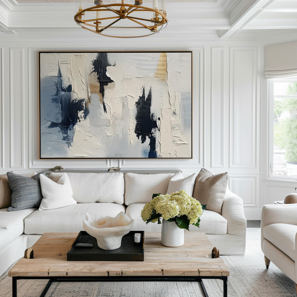 Contemporary Blue and White Abstract Oil Painting for Modern Decor