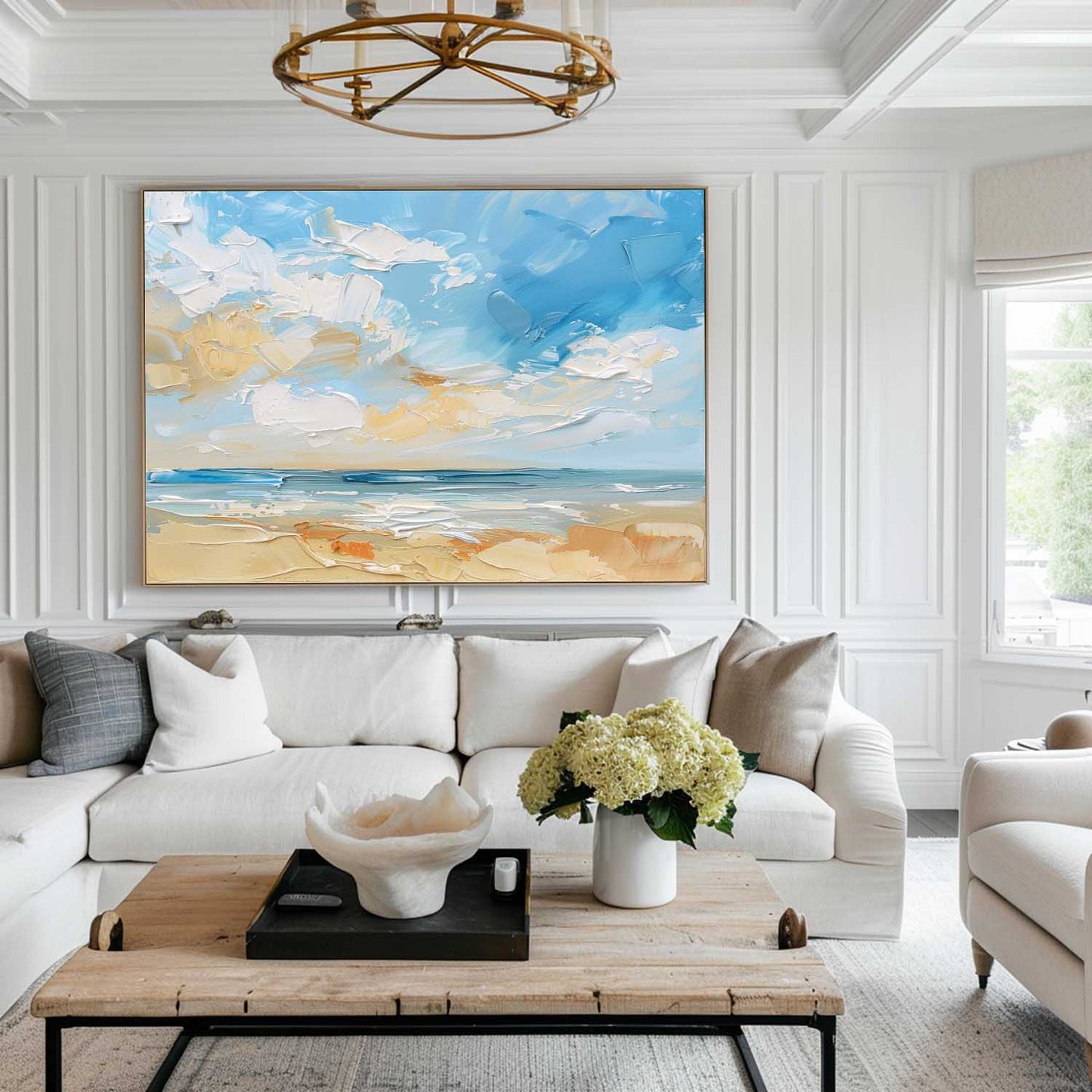 Vibrant Coastal Beach Scene Oil Painting with Lush Skies and Serene Waters