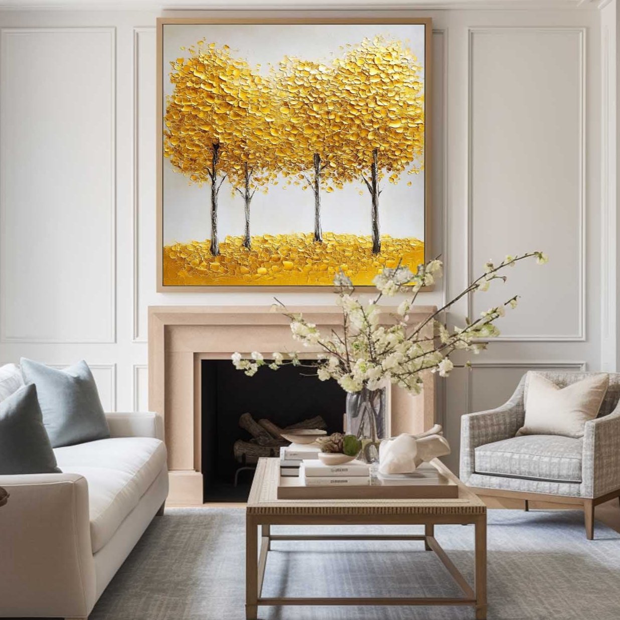 Vibrant Yellow Abstract Tree Landscape Oil Painting for Modern Home Decor