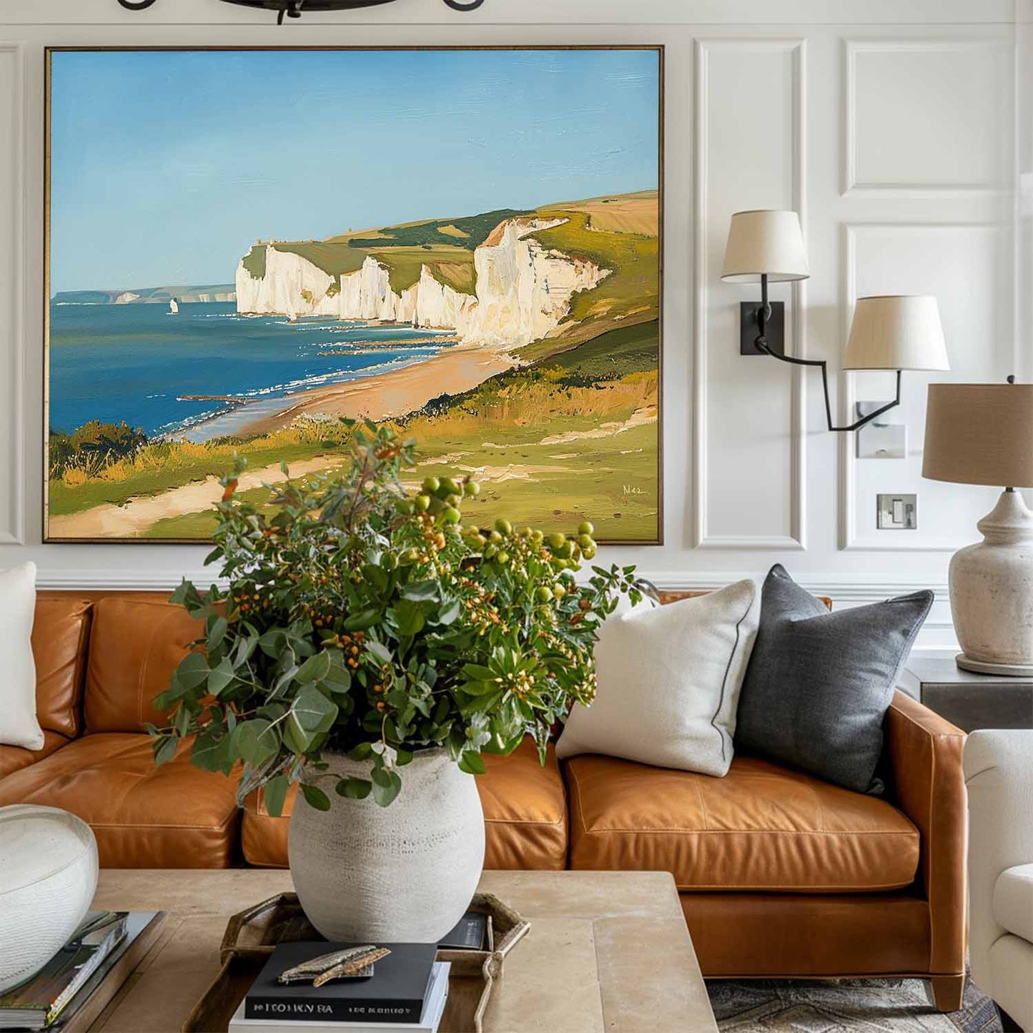 Coastal Serenity: Vibrant Oil Painting of Cliffs and Ocean