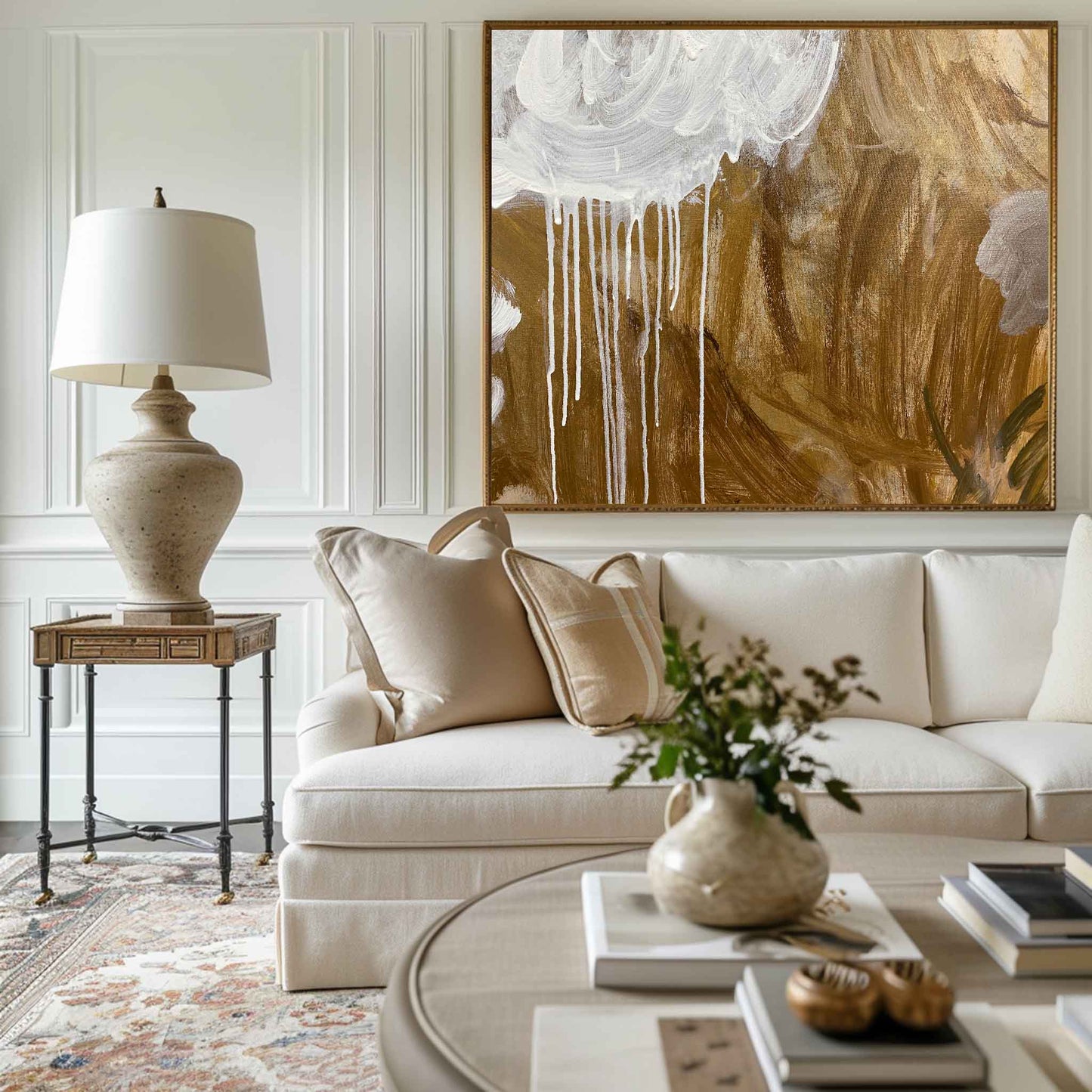 Contemporary Gold and White Abstract Oil Painting for Modern Decor