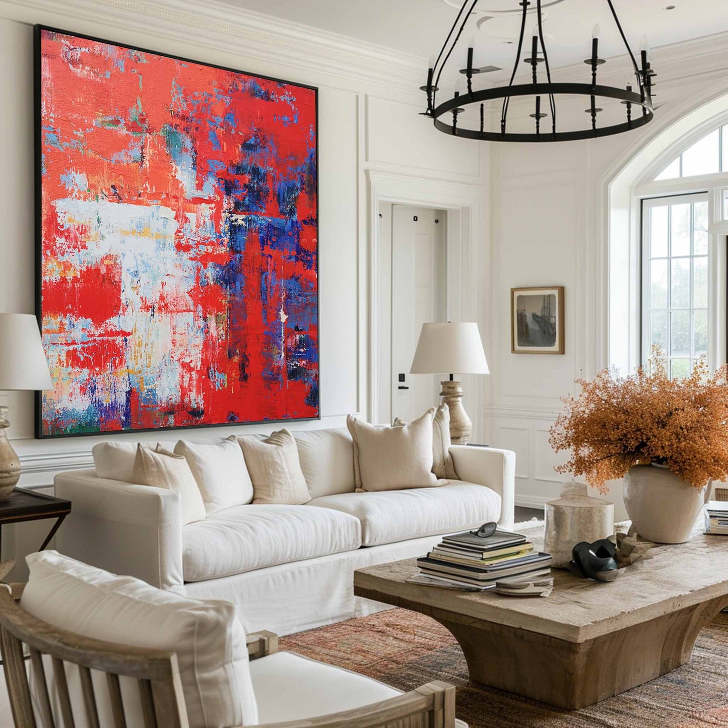 Vibrant Red Abstract Oil Painting with Bold Blue Accents for Modern Home Decor