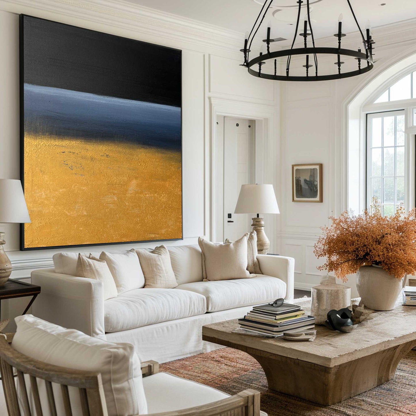Contemporary Abstract Oil Painting with Bold Black and Gold Landscape
