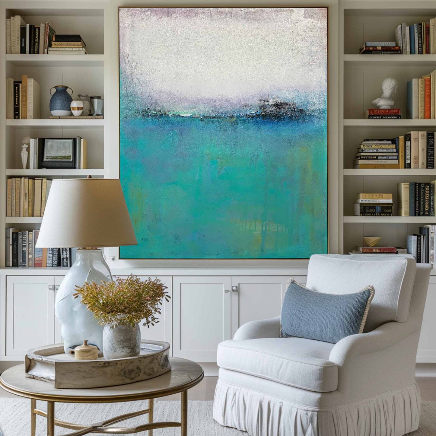 Calm Blue Abstract Oil Painting for Modern Home Decor and Art Collection