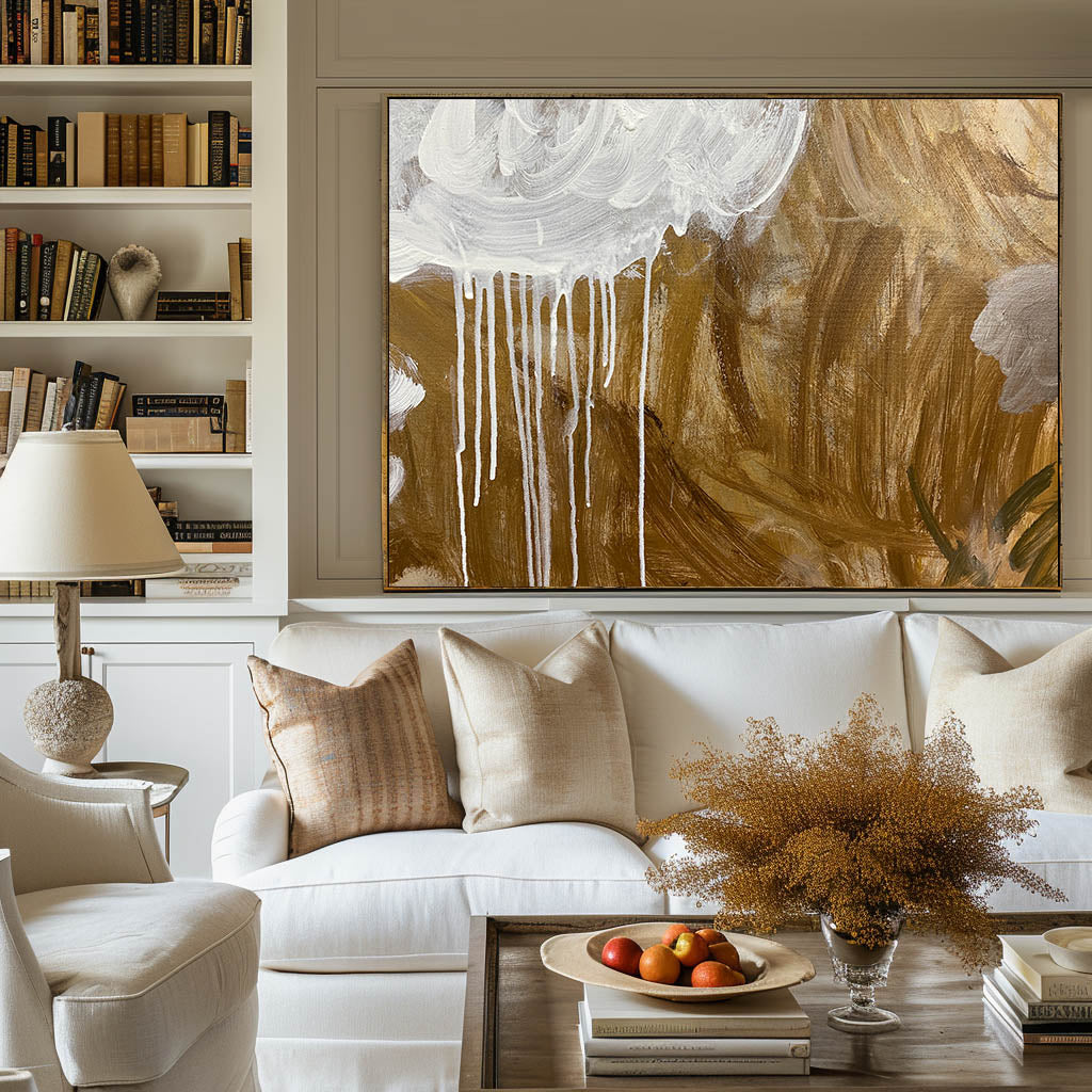 Contemporary Gold and White Abstract Oil Painting for Modern Decor