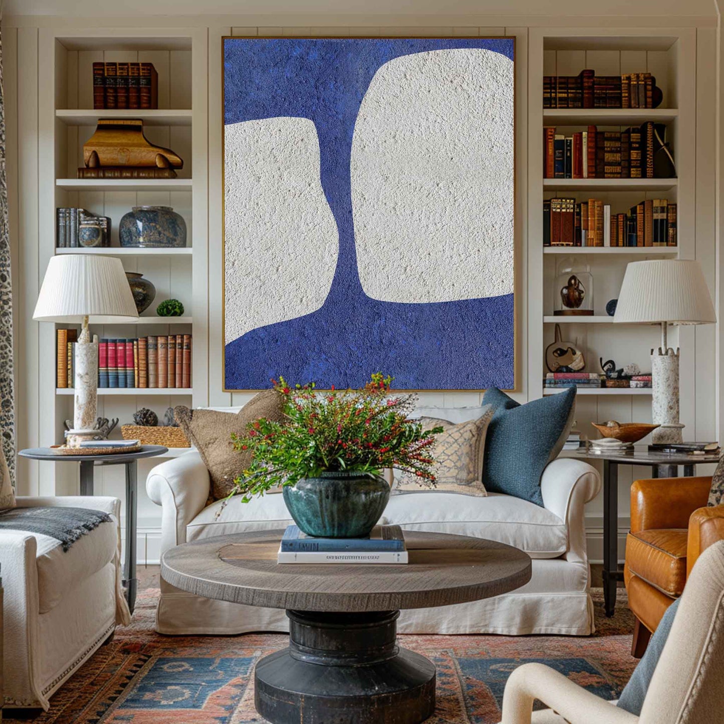 Elegant Blue and White Abstract Minimalist Oil Painting for Modern Decor