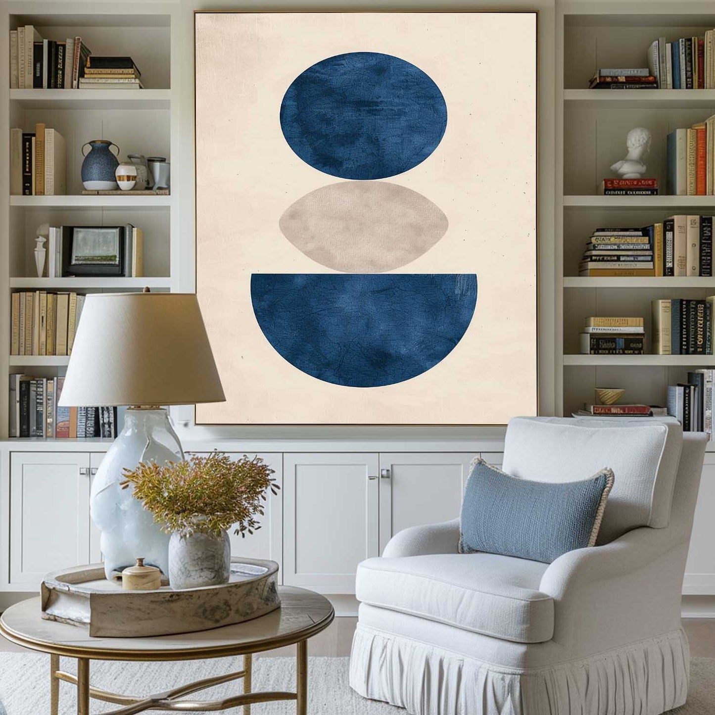 Contemporary Blue Geometric Abstract Oil Painting for Modern Home Decor