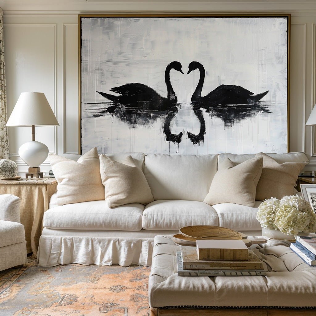 Elegant Black Swans Reflecting on Serene Water - Modern Abstract Oil Painting
