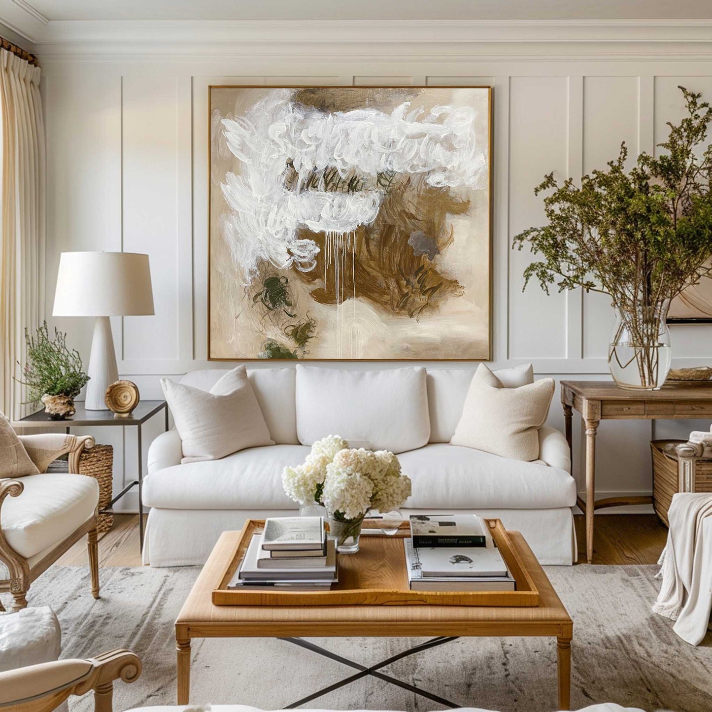 Contemporary Abstract Oil Painting with Textured White and Earth Tones