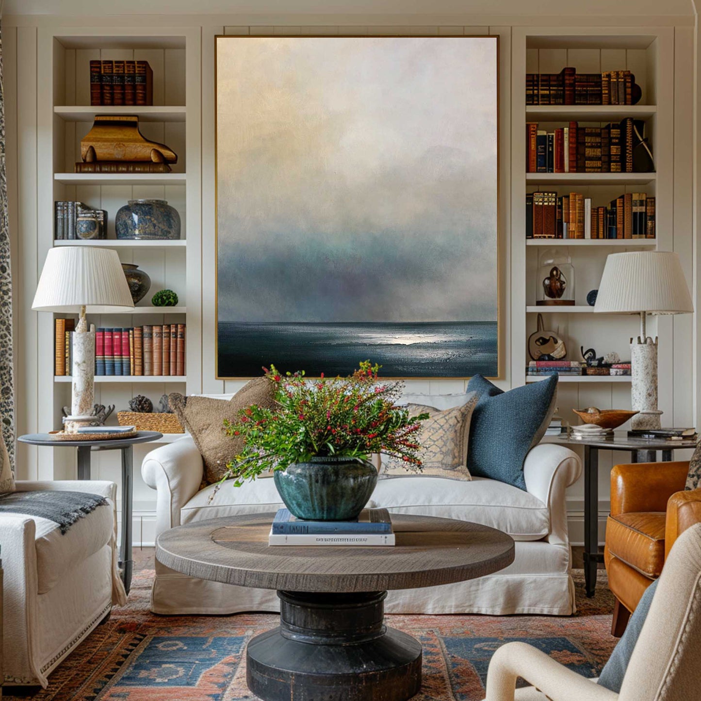 Serene Modern Abstract Ocean Landscape Oil Painting for Home Decor