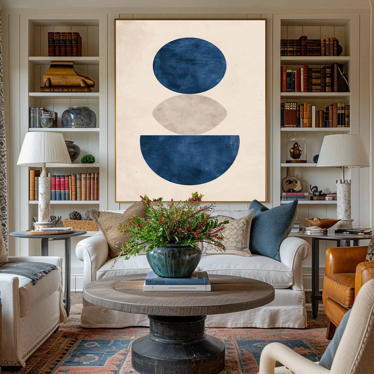 Contemporary Blue Geometric Abstract Oil Painting for Modern Home Decor