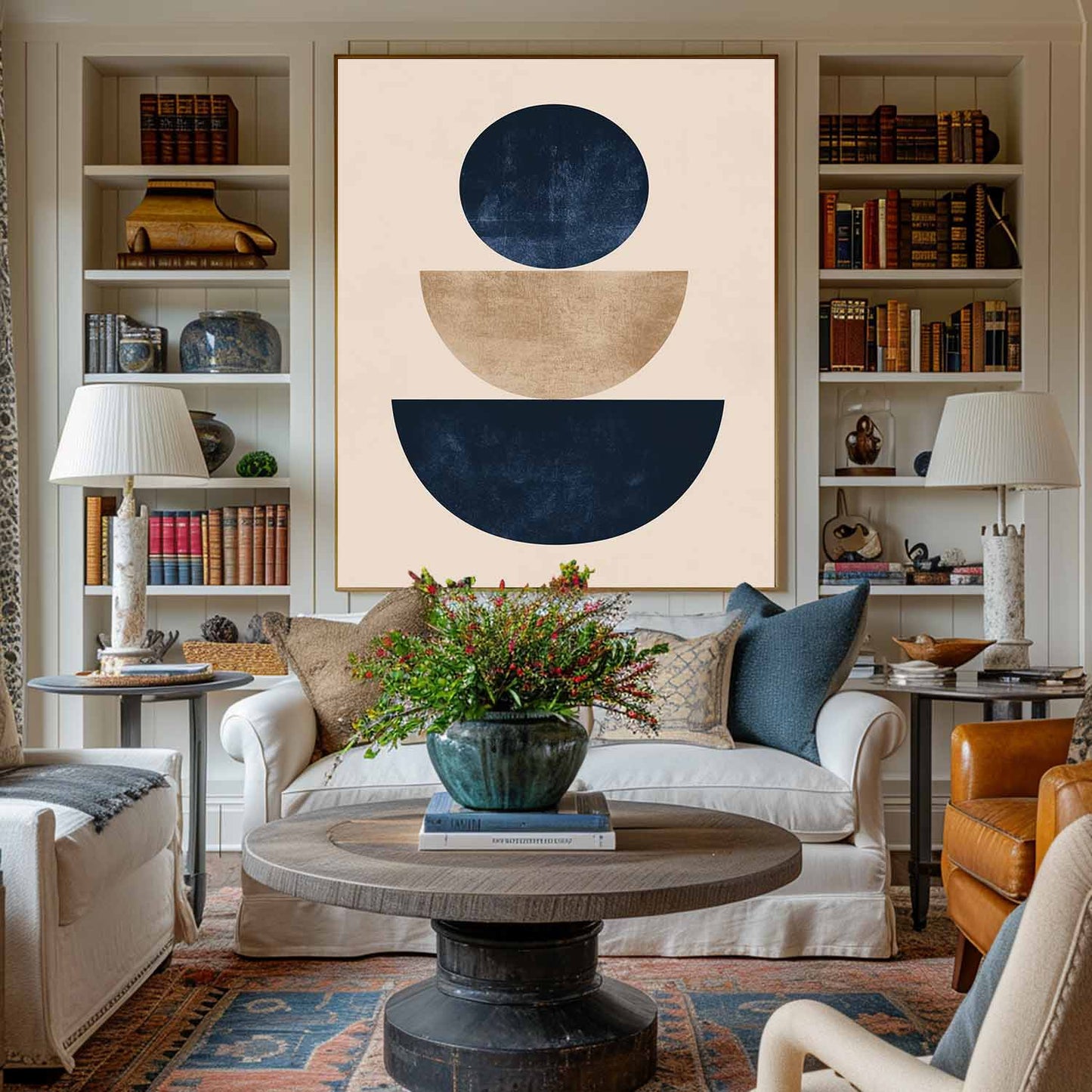 Contemporary Geometric Abstract Oil Painting with Bold Circular and Oval Shapes