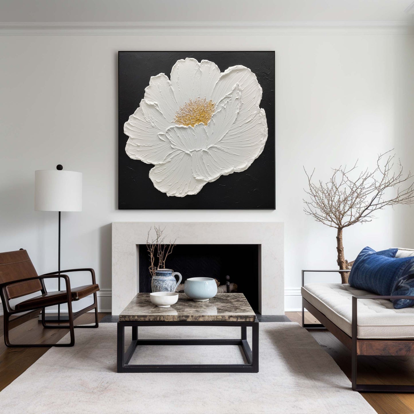 Elegant White Flower Oil Painting on Black Canvas - Modern Abstract Art Decor