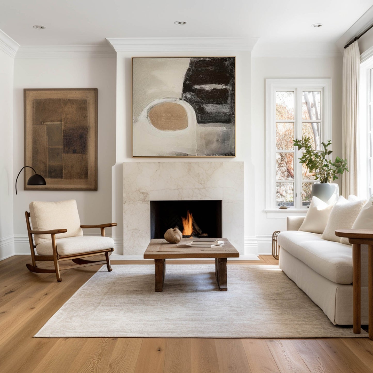 Contemporary Beige and Black Abstract Oil Painting for Modern Home Décor