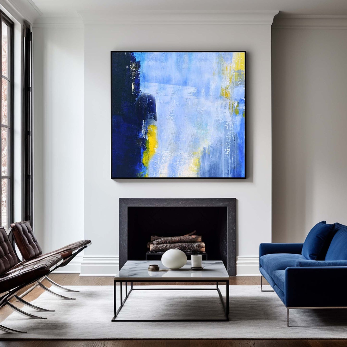 Captivating Blue and Yellow Abstract Oil Painting for Modern Home Decor