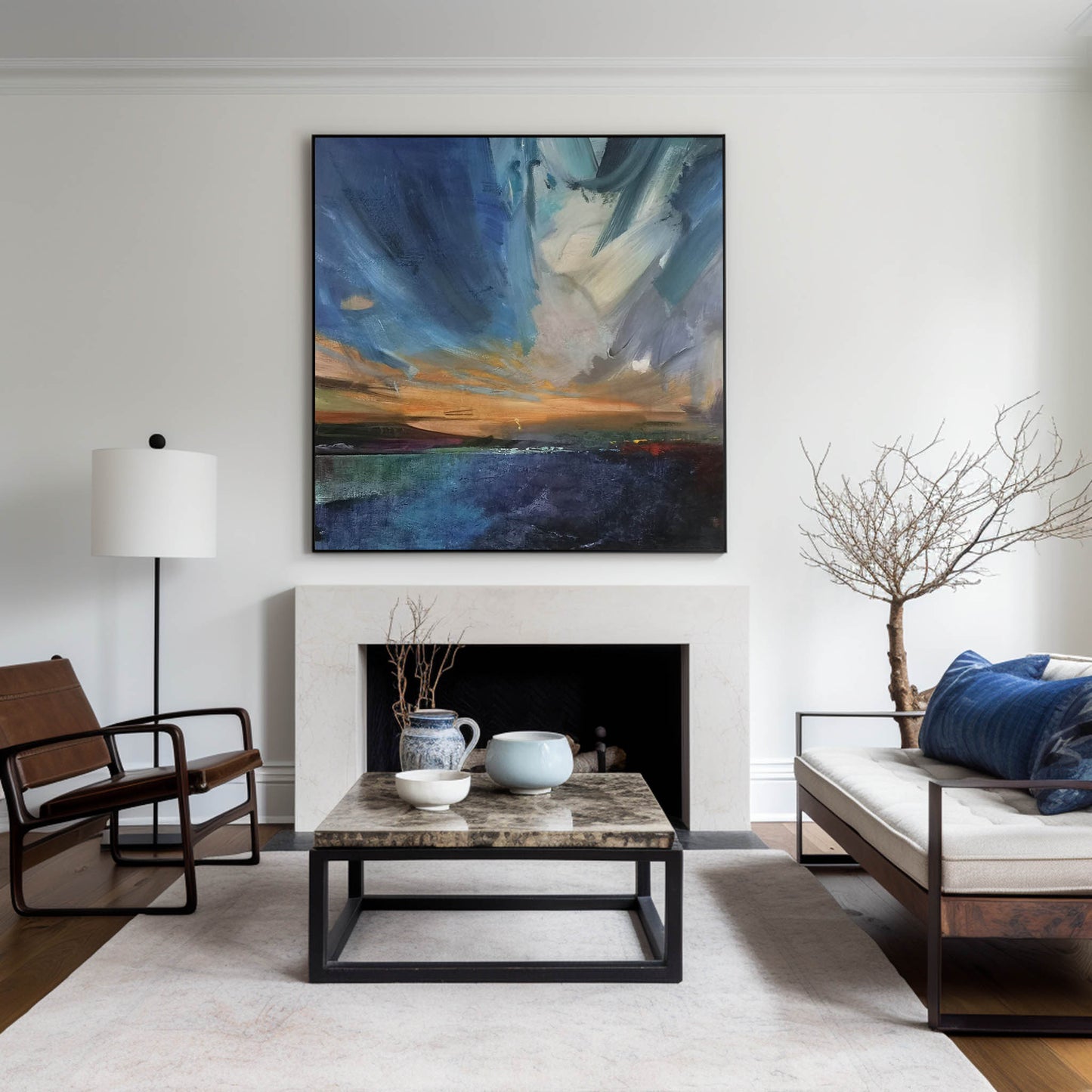 Vibrant Blue Coastal Sunset Oil Painting for Coastal Decor