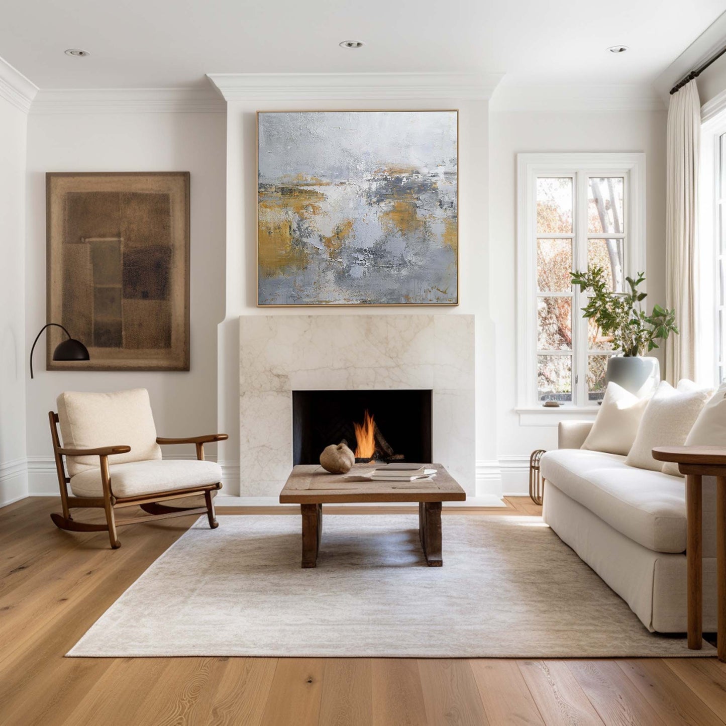 Abstract Modern Coastal Landscape in Soft Pastels and Gold Tones for Elegant Decor