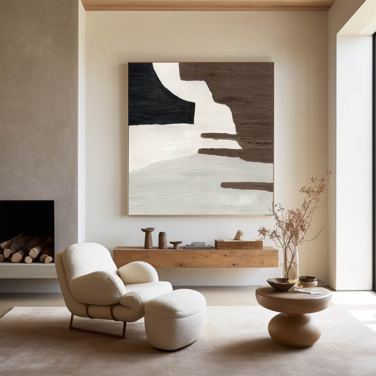 Contemporary Brown and White Geometric Abstract Oil Painting for Modern Decor