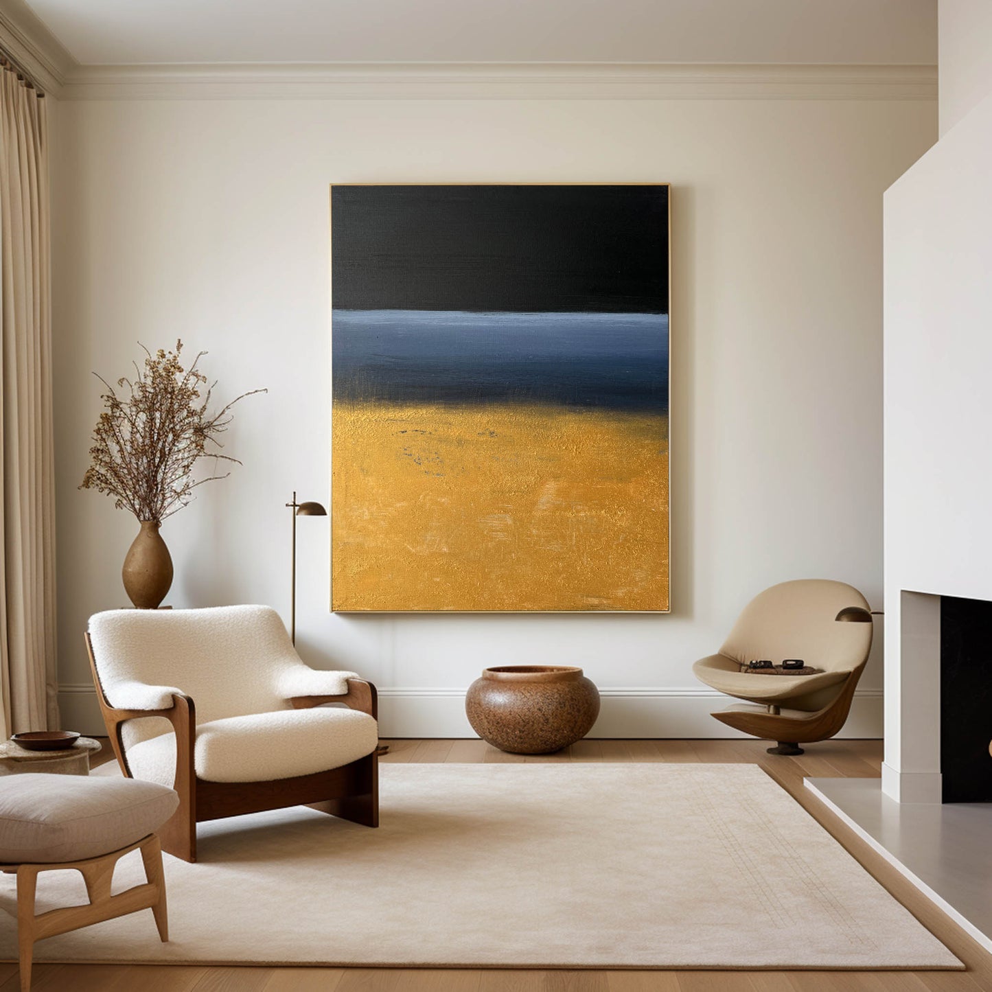 Contemporary Abstract Oil Painting with Bold Black and Gold Landscape