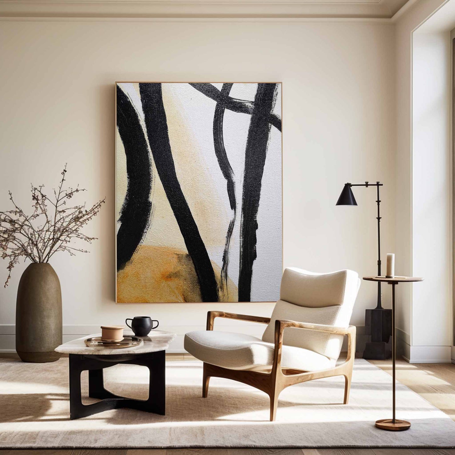 Contemporary Black and White Abstract Oil Painting for Minimalist Home Decor