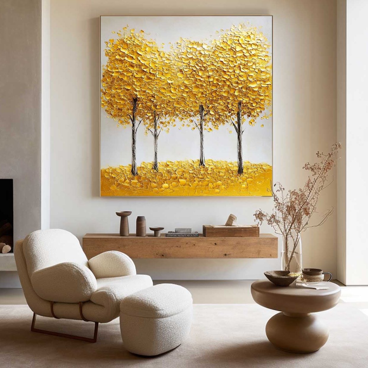 Vibrant Yellow Abstract Tree Landscape Oil Painting for Modern Home Decor