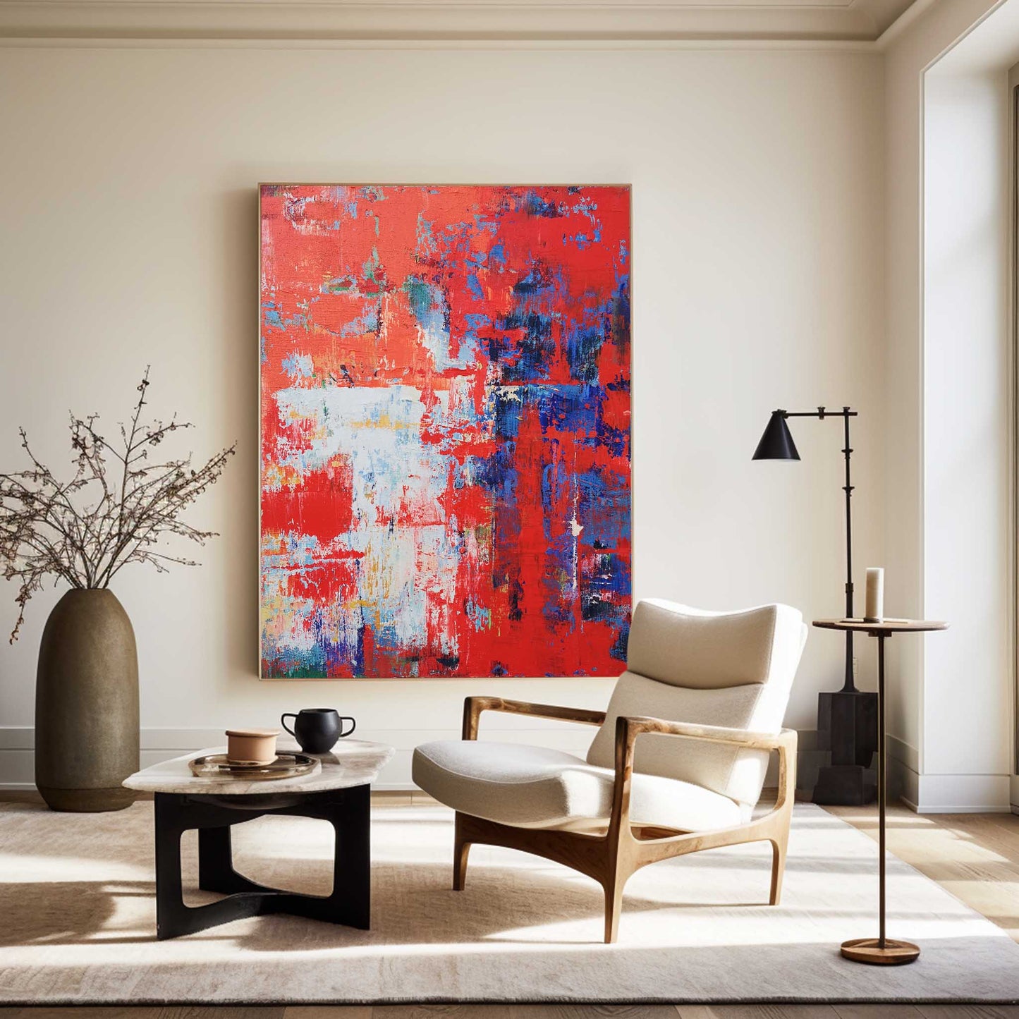 Vibrant Red Abstract Oil Painting with Bold Blue Accents for Modern Home Decor