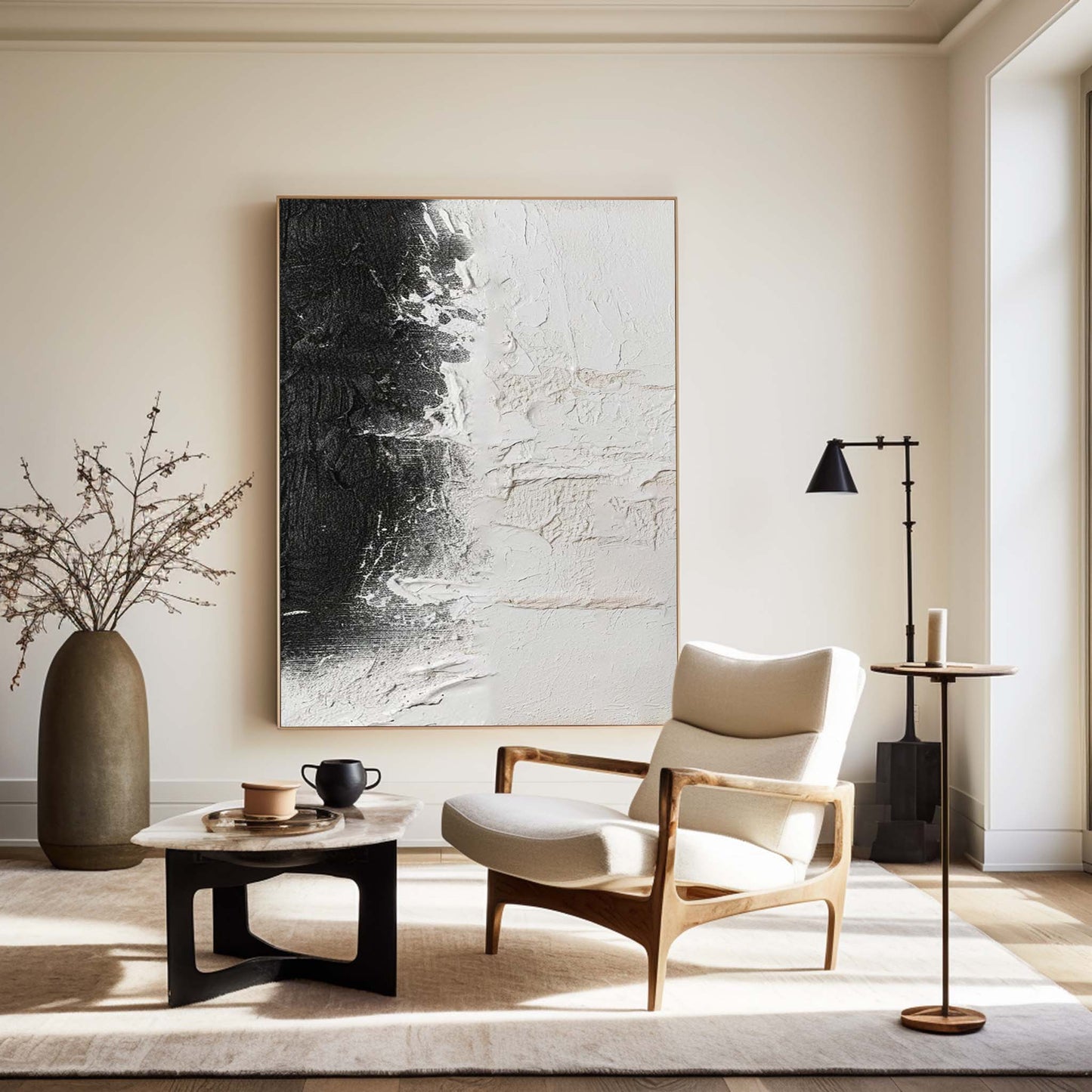 Black and White Modern Abstract Oil Painting for Contemporary Home Decor