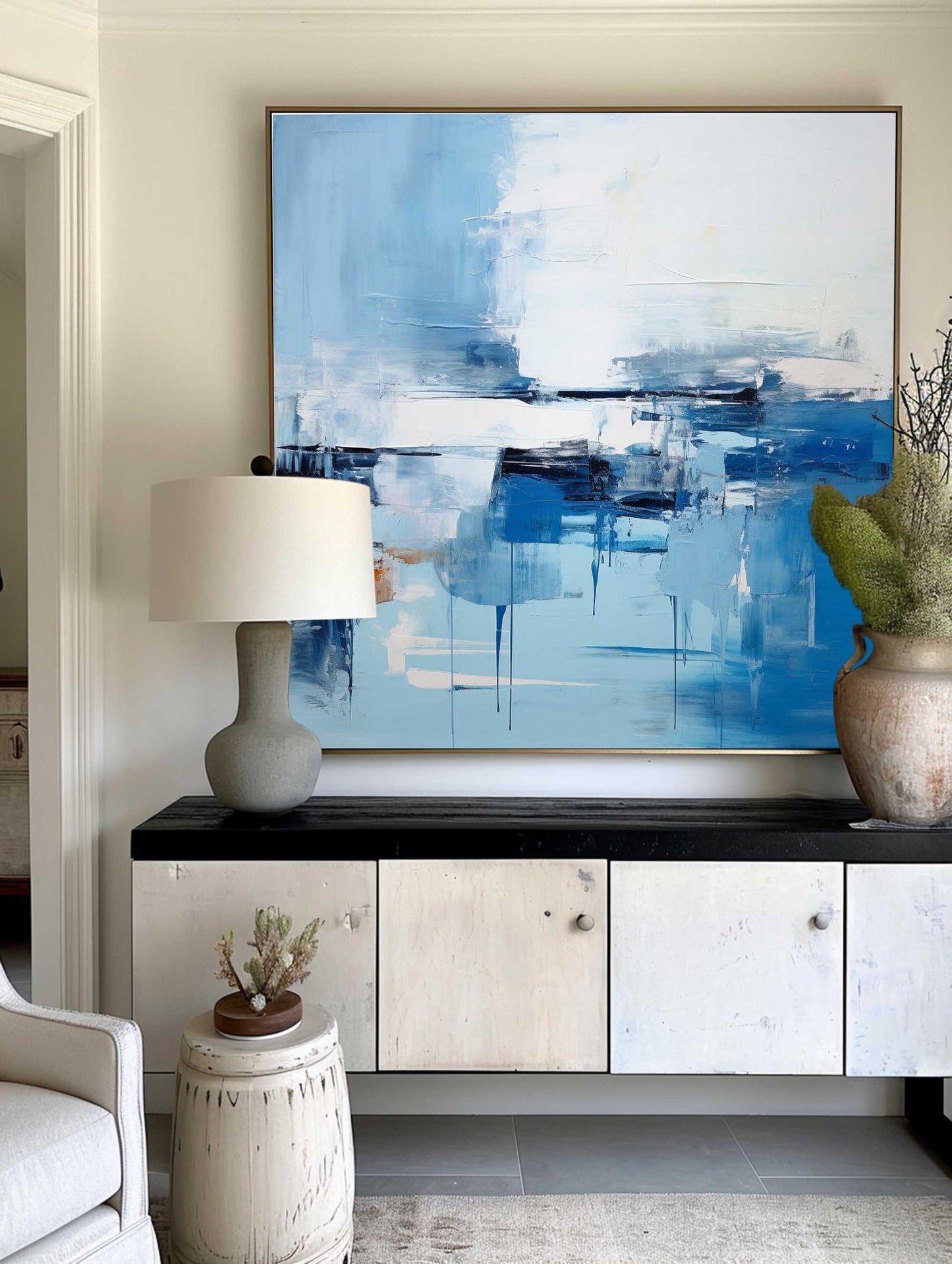 Blue Serenity: Modern Abstract Oil Painting for Contemporary Home Decor