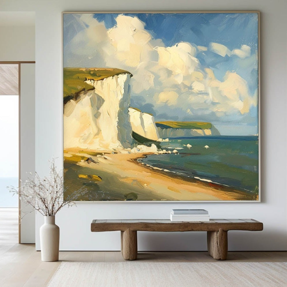 Coastal Serenity: Vibrant Oil Painting of Cliffs and Ocean Waves