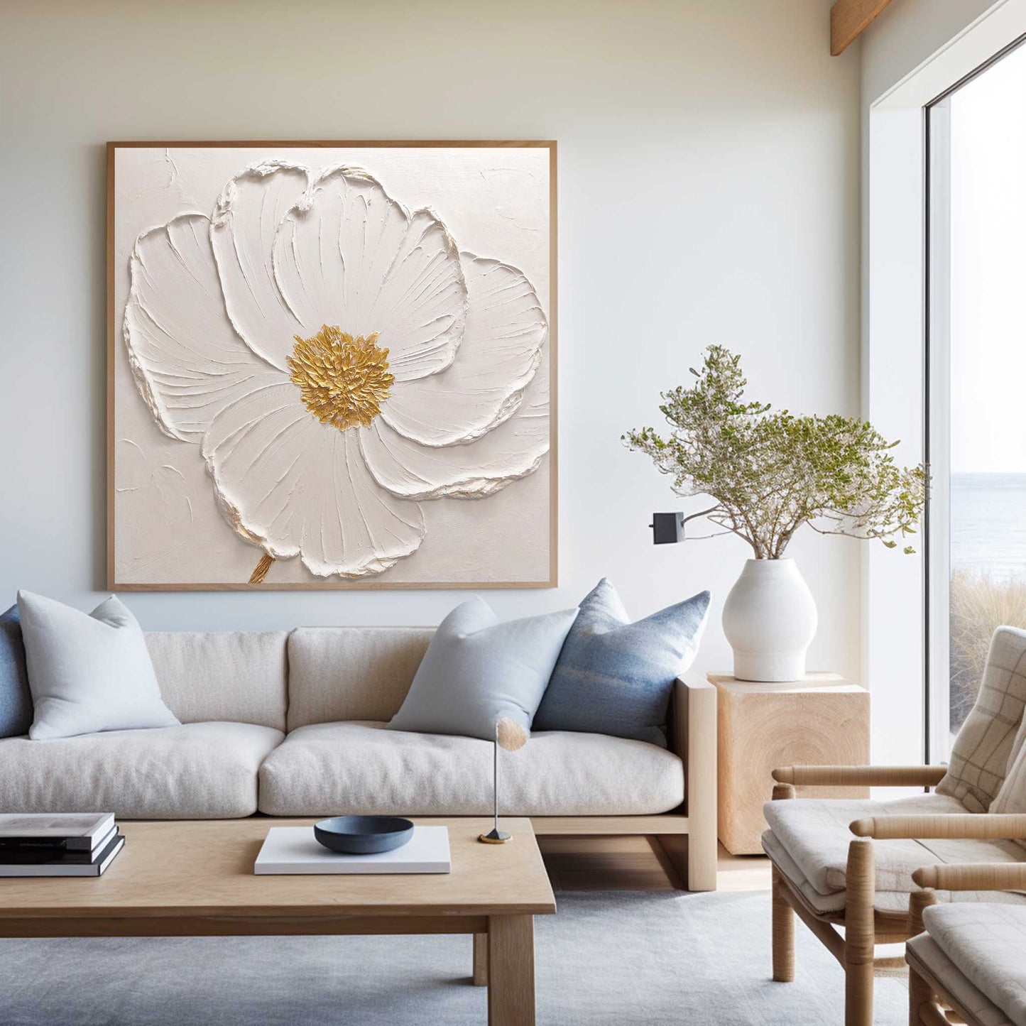 Elegant White Flower Oil Painting with Golden Details for Modern Decor