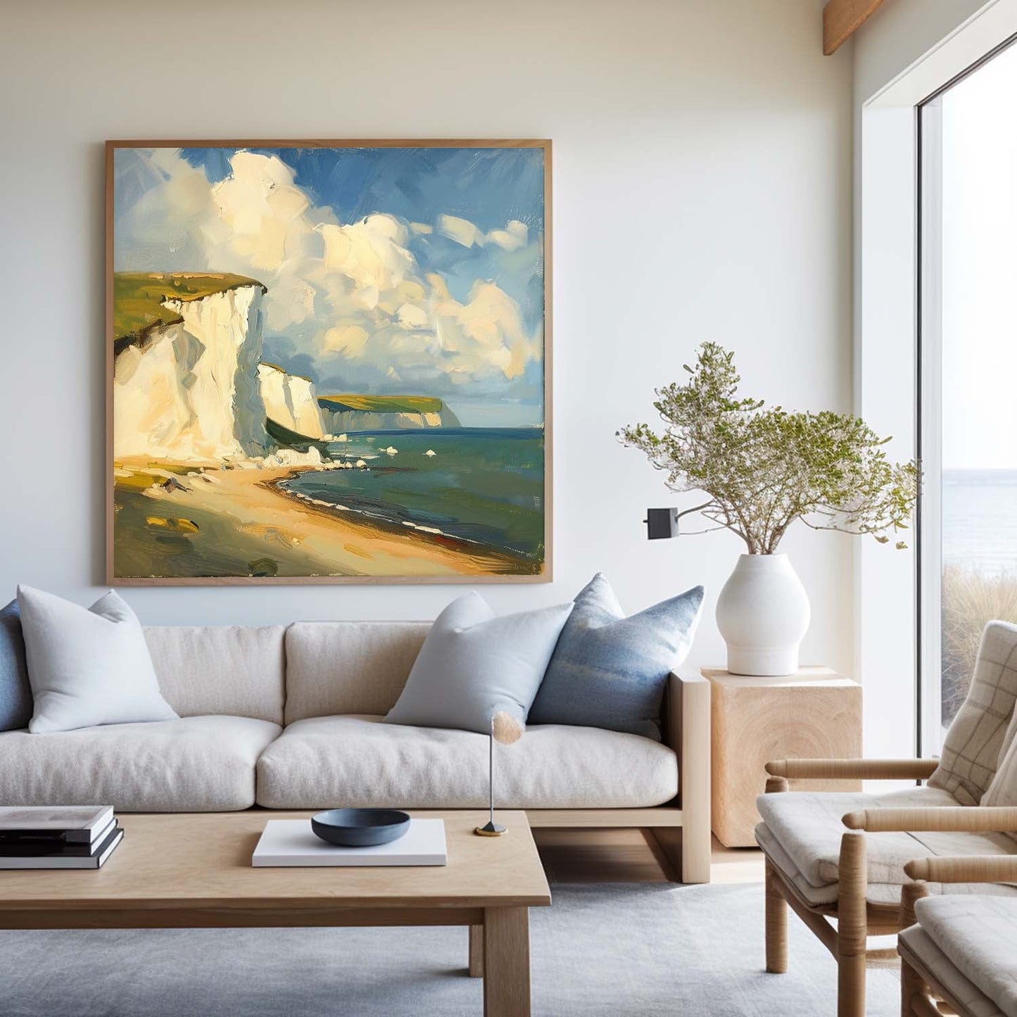 Coastal Serenity: Vibrant Oil Painting of Cliffs and Ocean Waves