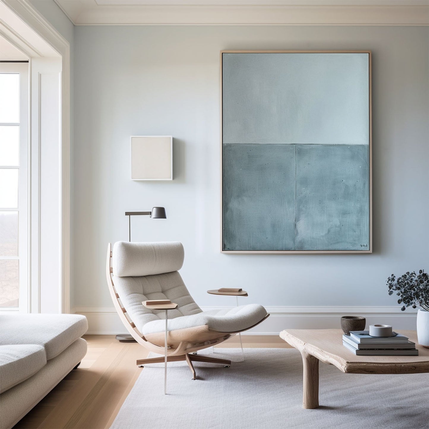 Contemporary Minimalist Oil Painting in Soft Blue and Gray Tones for Modern Decor