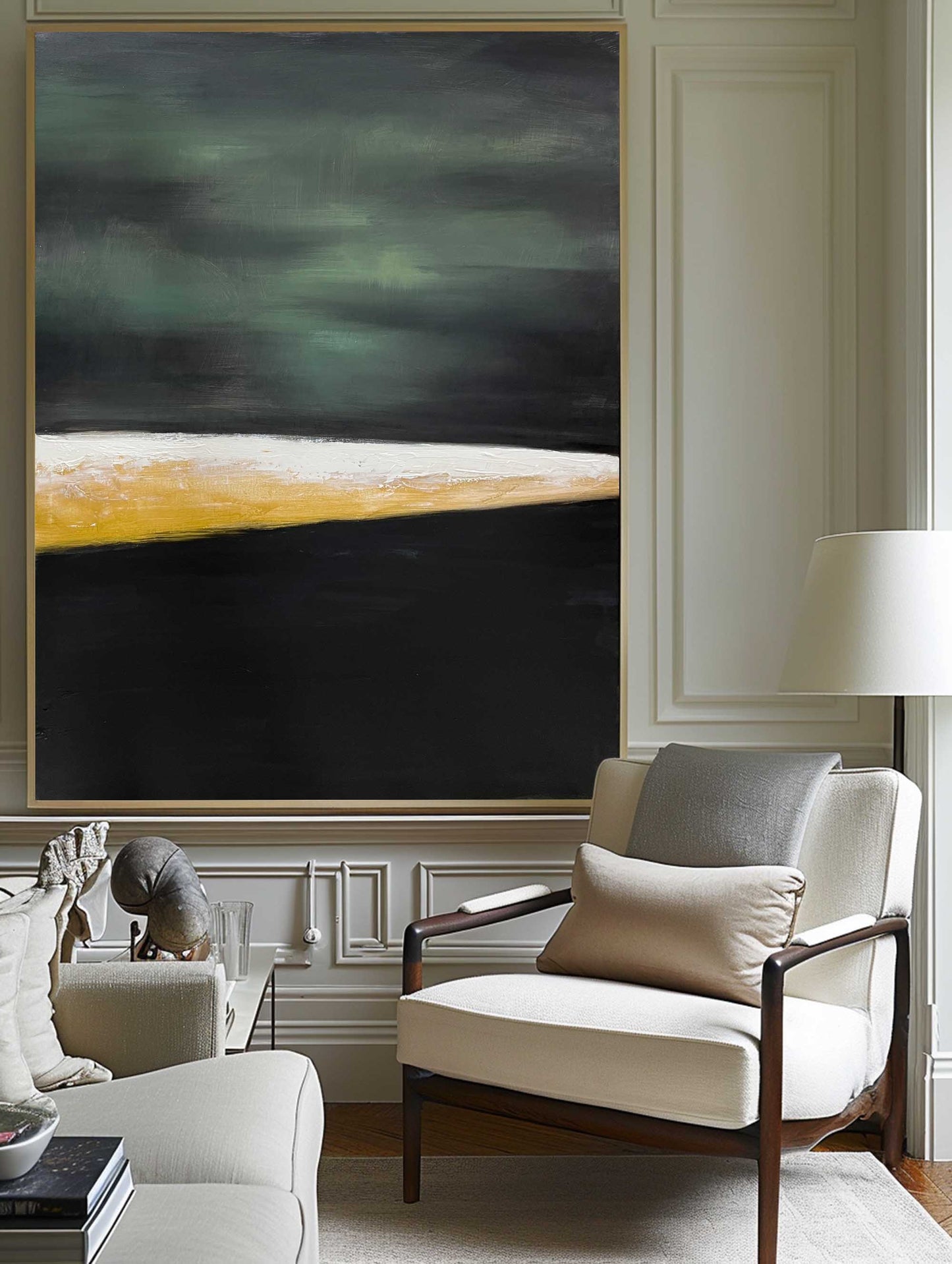 Contemporary Abstract Oil Painting with Green, Black, and Gold Tones for Modern Decor