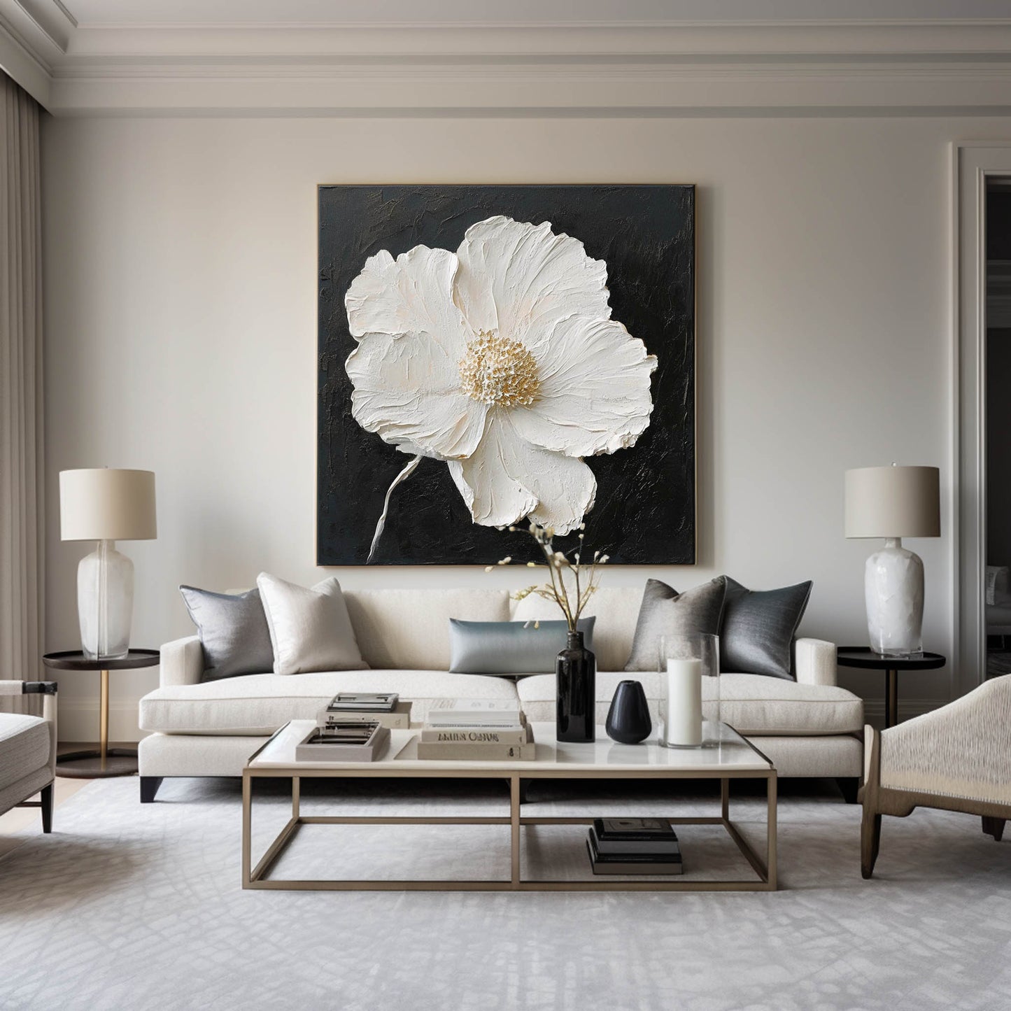 Elegant White Flower Abstract Oil Painting on Black Canvas for Modern Decor