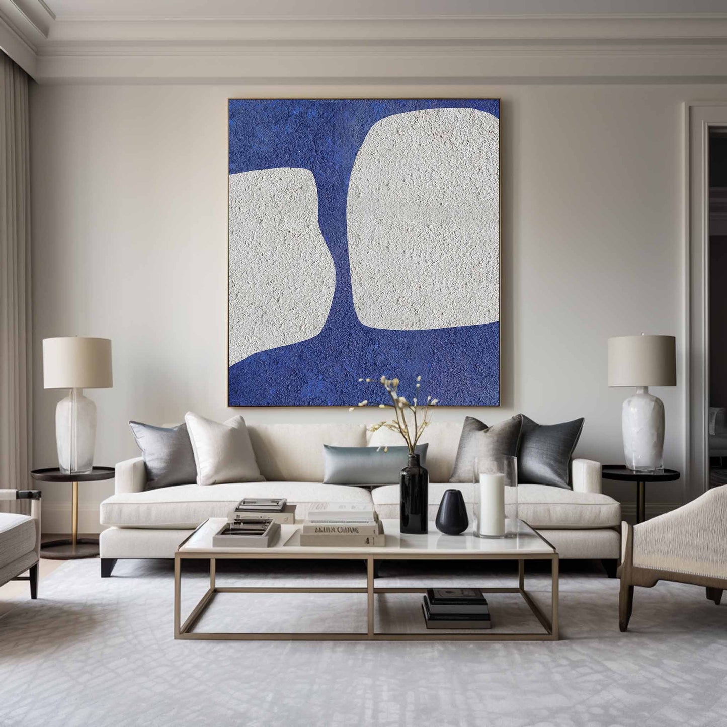 Elegant Blue and White Abstract Minimalist Oil Painting for Modern Decor