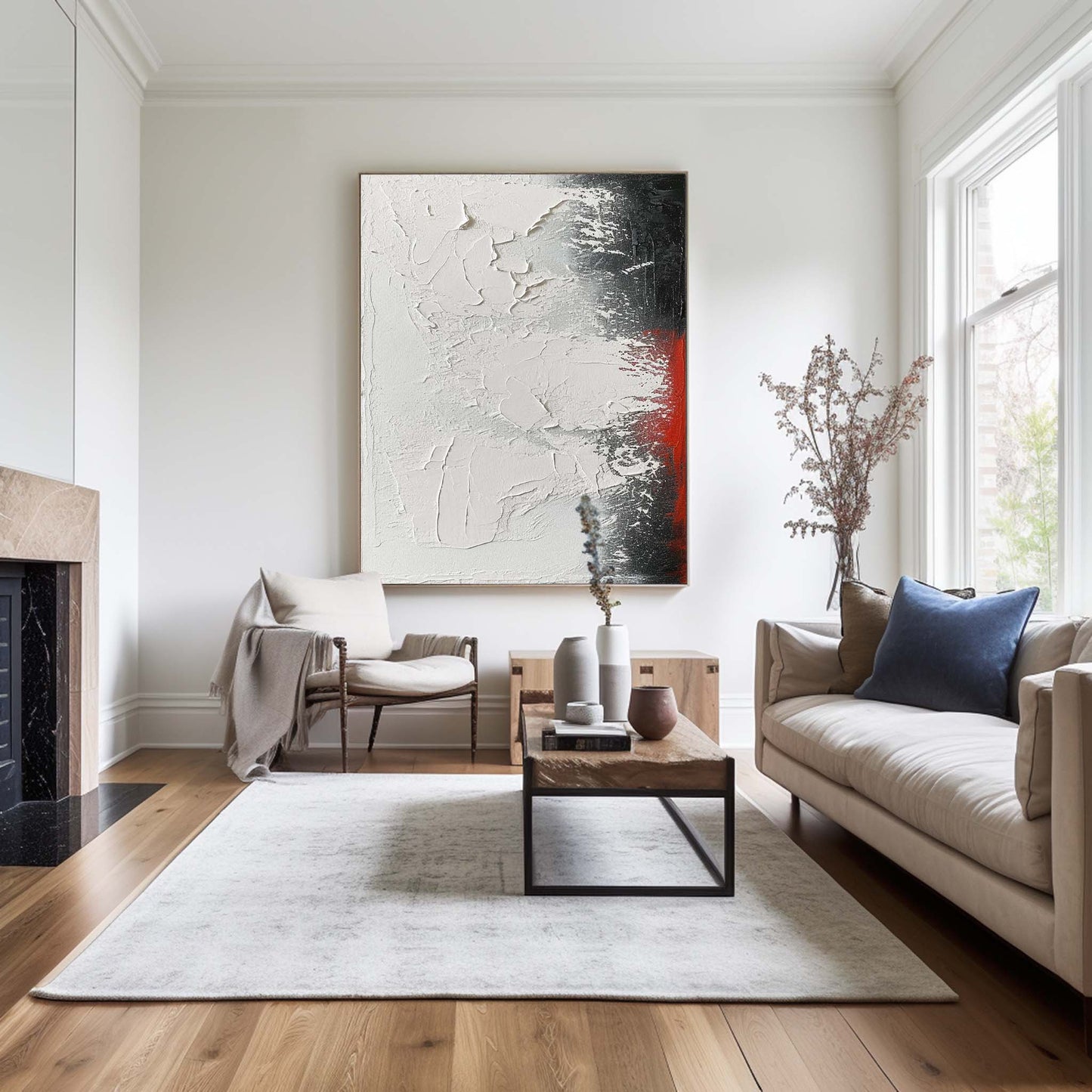 Contemporary Textured Abstract Oil Painting with Bold Black and Red Accents