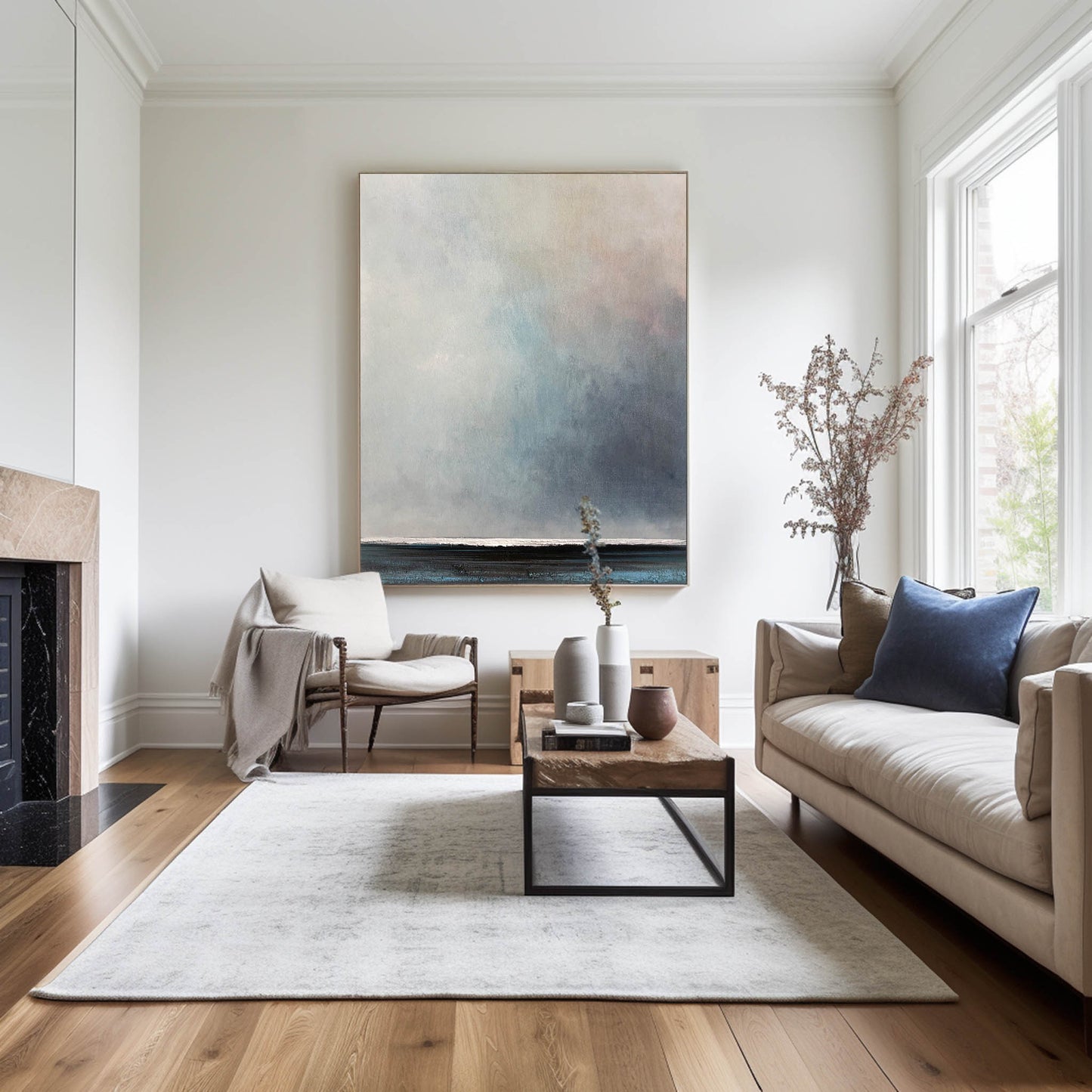 Contemporary Ocean Horizon: Serene Abstract Oil Painting for Modern Decor