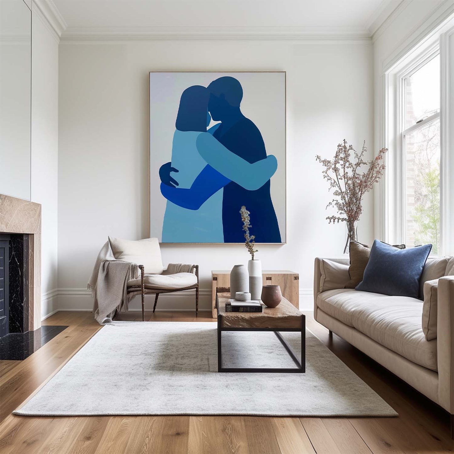 Contemporary Blue Abstract Couple Embrace Oil Painting