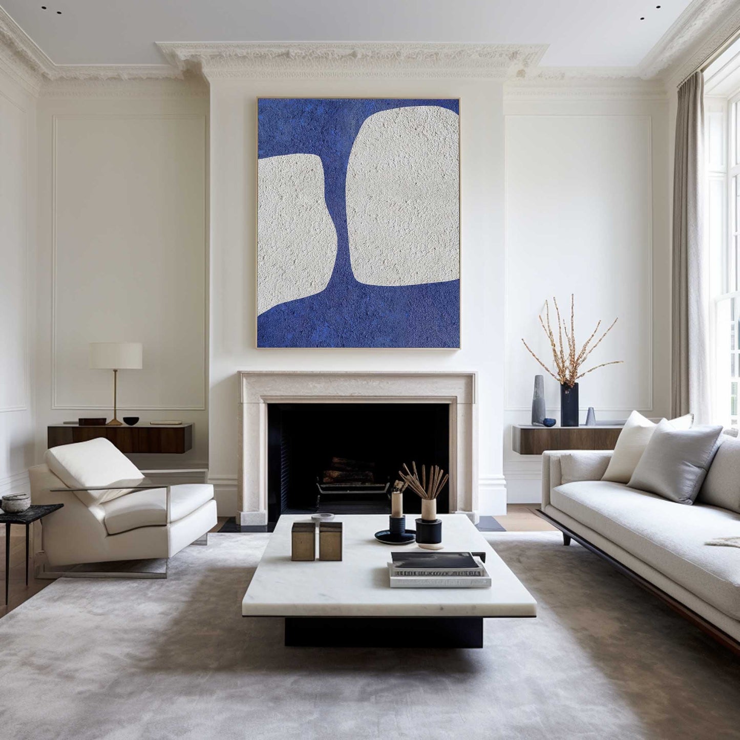Elegant Blue and White Abstract Minimalist Oil Painting for Modern Decor