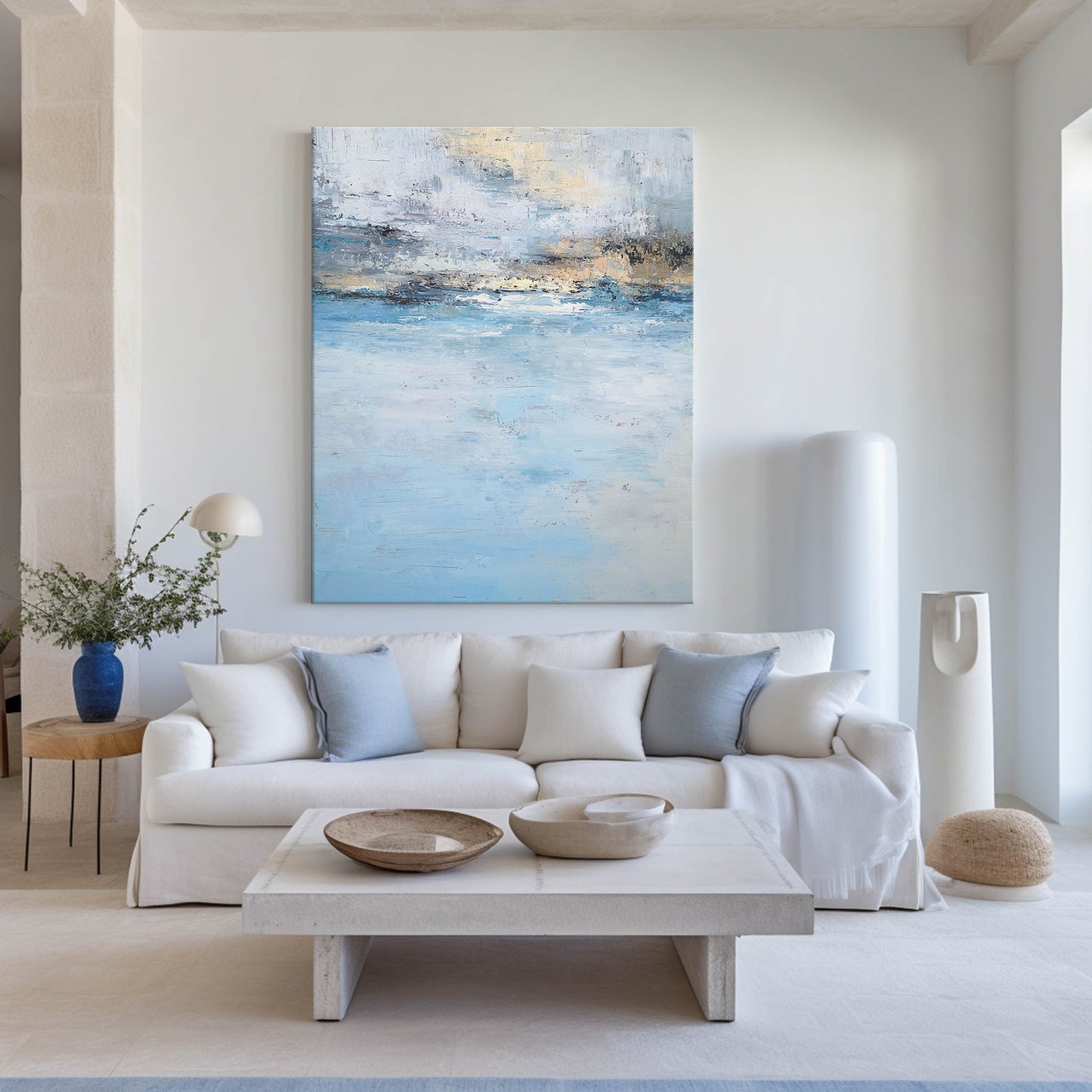 Serene Beach Sunset Oil Painting in Tranquil Blues and Gold Hues