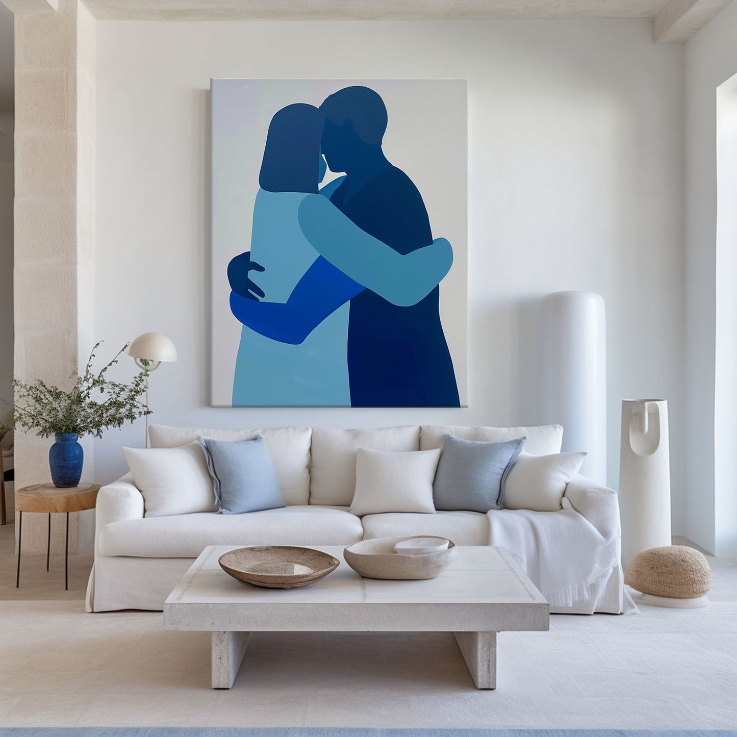 Contemporary Blue Abstract Couple Embrace Oil Painting